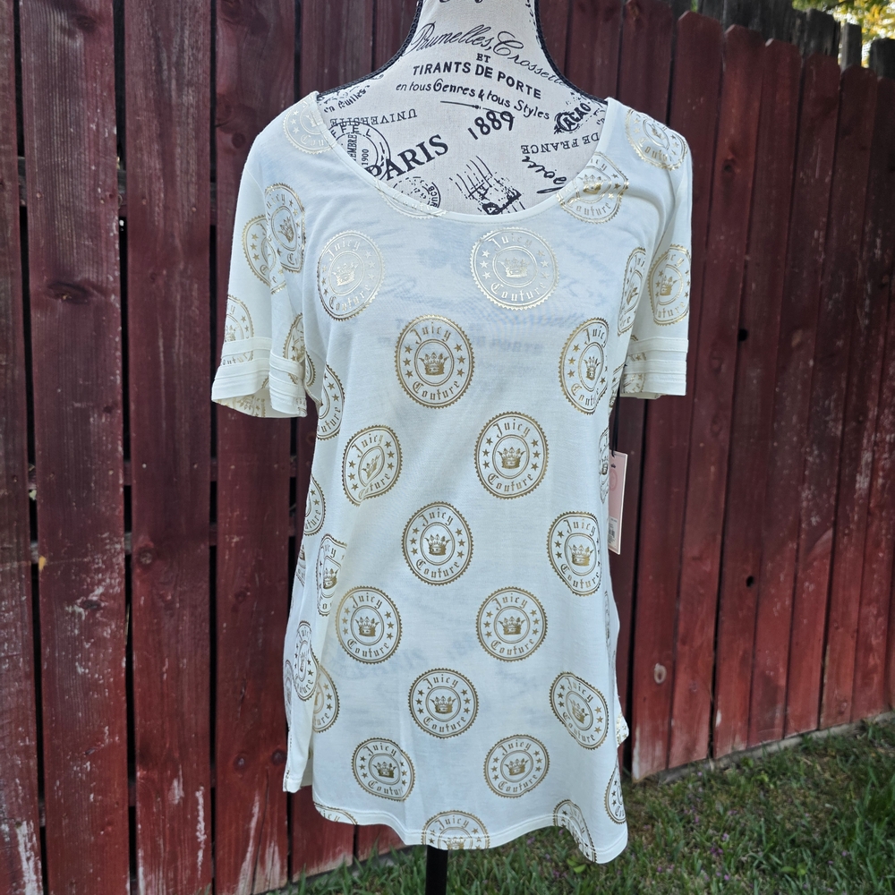 Juicy Couture Cream Logo Print Short Sleeve Top